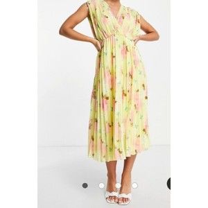 ASOS DESIGN Yellow Pleated Floral Midi Dress WOMEN'S SIZE 6